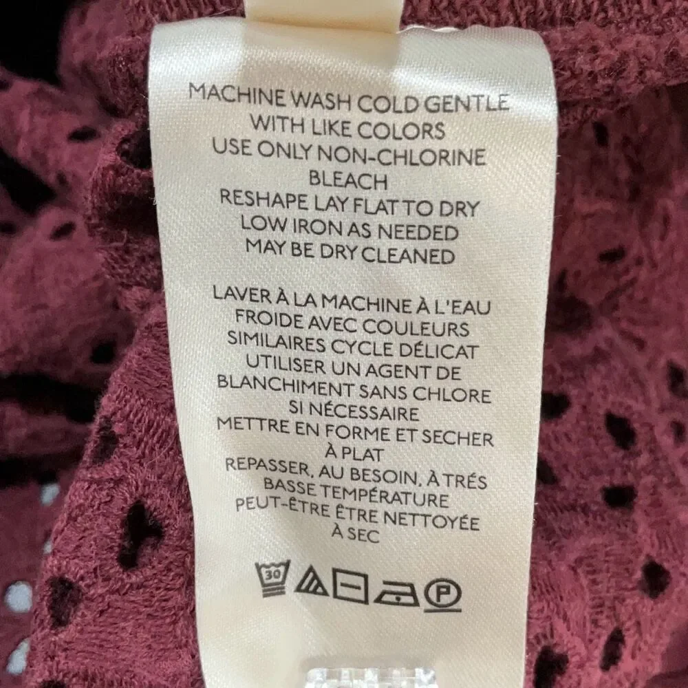 Anthropologie Maroon Eyelet V-Neck Balloon Sleeve Pullover Sweatshirt Size XS